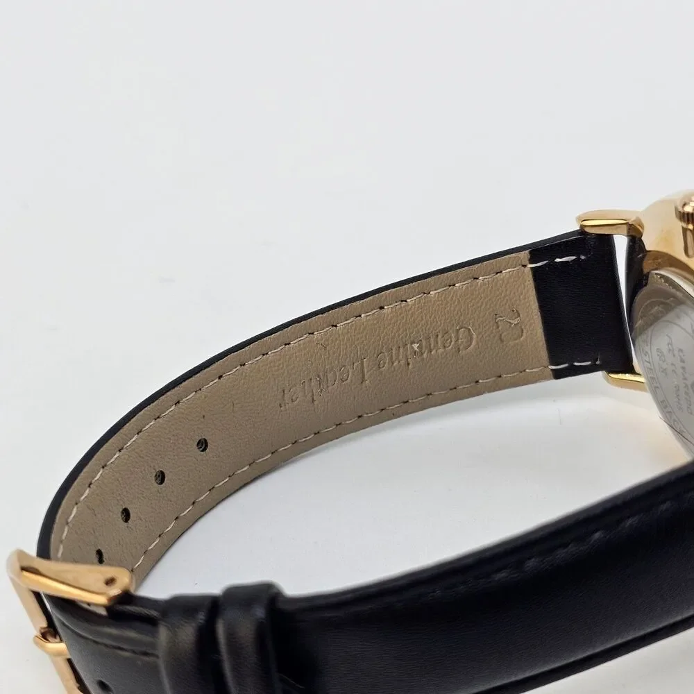 Men's Watch 40MM Black‎ Dial Gold Case Black Leather Band Straps Date Indicator